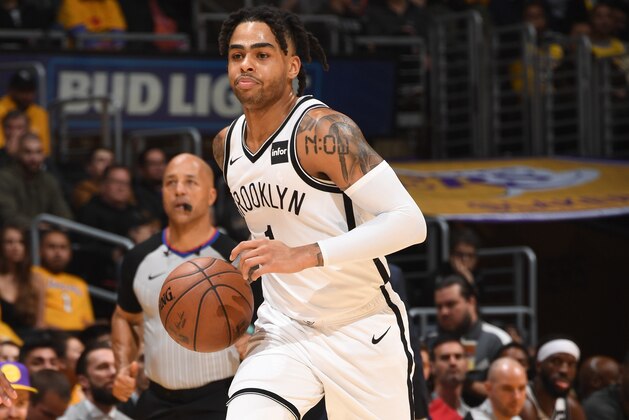 LOS ANGELES, CA - MARCH 22: D'Angelo Russell #1 of the Brooklyn Nets handles the ball against the Los Angeles Lakers  on March 22, 2019 at STAPLES Center in Los Angeles, California. NOTE TO USER: User expressly acknowledges and agrees that, by downloading and/or using this Photograph, user is consenting to the terms and conditions of the Getty Images License Agreement. Mandatory Copyright Notice: Copyright 2019 NBAE (Photo by Andrew D. Bernstein/NBAE via Getty Images)
