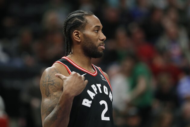 Toronto Raptors forward Kawhi Leonard during the first half of an NBA basketball game, Sunday, March 17, 2019, in Detroit. (AP Photo/Carlos Osorio)
