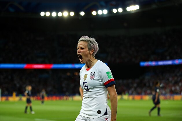 PARIS, FRANCE - JUNE 28: Megan Rapinoe of the USA celebrates after scoring her team's second goal during the 2019 FIFA Women's World Cup France Quarter Final match between France and USA at Parc des Princes on June 28, 2019 in Paris, France. (Photo by Richard Heathcote/Getty Images)