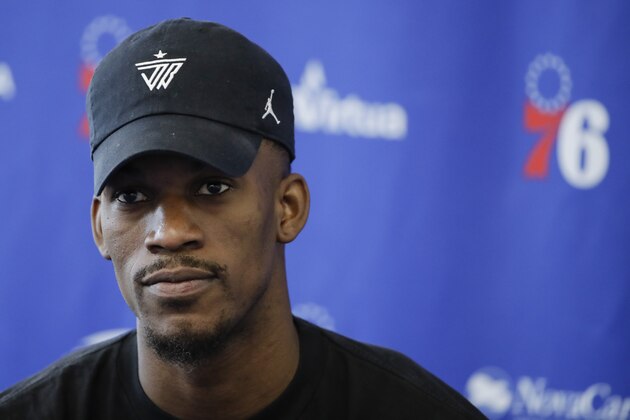 Philadelphia 76ers' Jimmy Butler speaks with members of the media during a news conference at the NBA basketball team's practice facility in Camden, N.J., Monday, May 13, 2019. (AP Photo/Matt Rourke)