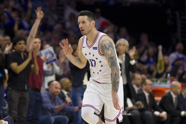 PHILADELPHIA, PA - MAY 09: JJ Redick #17 of the Philadelphia 76ers reacts against the Toronto Raptors in Game Six of the Eastern Conference Semifinals at the Wells Fargo Center on May 9, 2019 in Philadelphia, Pennsylvania. The 76ers defeated the Raptors 112-101. NOTE TO USER: User expressly acknowledges and agrees that, by downloading and or using this photograph, User is consenting to the terms and conditions of the Getty Images License Agreement. (Photo by Mitchell Leff/Getty Images)