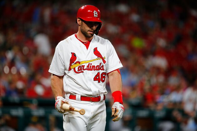 ST LOUIS, MO - JUNE 26: Paul Goldschmidt #46 of the St. Louis Cardinals returns to the dugout after striking out against the Oakland Athletics in the eighth inning at Busch Stadium on June 26, 2019 in St Louis, Missouri. (Photo by Dilip Vishwanat/Getty Images)