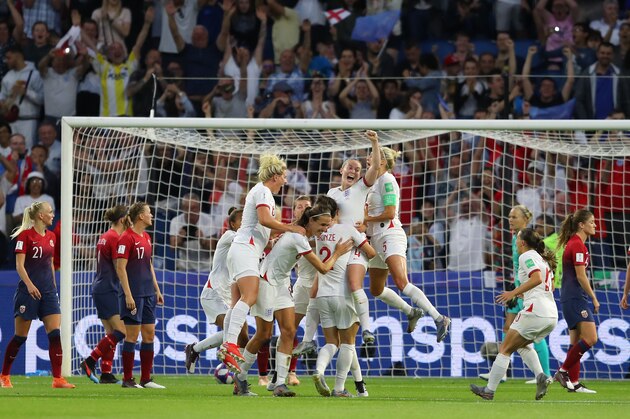 LE HAVRE, FRANCE - JUNE 27: Lucy Bronze of England celebrates scoring the third goal during the 2019 FIFA Women's World Cup France Quarter Final match between Norway and England at Stade Oceane on June 27, 2019 in Le Havre, France. (Photo by Richard Heathcote/Getty Images)