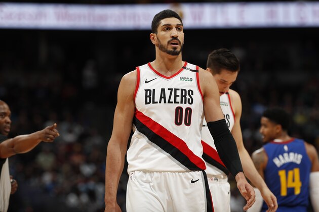 Portland Trail Blazers center Enes Kanter (00) in the first half of an NBA basketball game Friday, April 5, 2019, in Denver. (AP Photo/David Zalubowski)