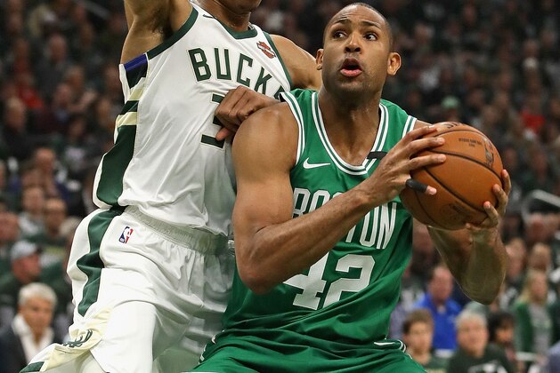 Al Horford #42 of the Boston Celtics
tries to get off a shot against Giannis Antetokounmpo #34 of the Milwaukee Bucks at Fiserv Forum on May 08, 2019 in Milwaukee, Wisconsin. NOTE TO USER: User expressly acknowledges and agrees that, by downloading and or using this photograph, User is consenting to the terms and conditions of the Getty Images License Agreement. (Photo by Jonathan Daniel/Getty Images)