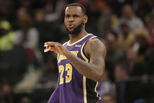 Los Angeles Lakers' LeBron James reacts during the second half of an NBA basketball game against the New York Knicks, Sunday, March 17, 2019, in New York. (AP Photo/Seth Wenig)