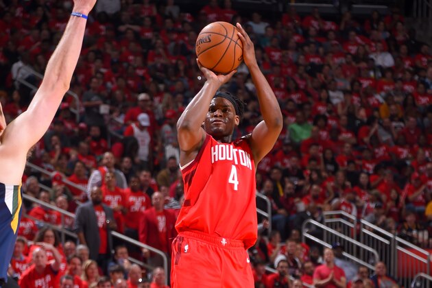 HOUSTON, TX - APRIL 17: Danuel House Jr. #4 of the Houston Rockets shoots the ball against the Utah Jazz during Game Two of Round One of the 2019 NBA Playoffs on April 17, 2019 at the Toyota Center in Houston, Texas. NOTE TO USER: User expressly acknowledges and agrees that, by downloading and/or using this photograph, user is consenting to the terms and conditions of the Getty Images License Agreement. Mandatory Copyright Notice: Copyright 2019 NBAE (Photo by Bill Baptist/NBAE via Getty Images)