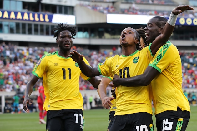 PHILADELPHIA, PA - JUNE 30: Darren Mattocks of Jamaica celebrates after scoring a goal to make it 1-0 during the  2019 CONCACAF Gold Cup Quarter Final match between Jamaica and Panama at Lincoln Financial Field on June 30, 2019 in Philadelphia, Pennsylvania. (Photo by Matthew Ashton - AMA/Getty Images)