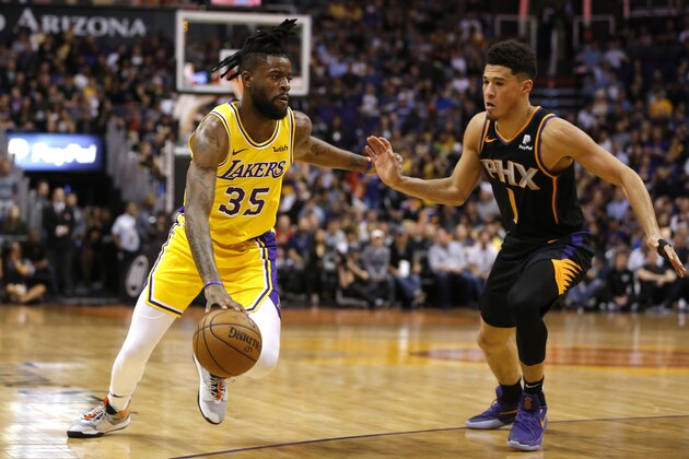 Los Angeles Lakers guard Reggie Bullock (35) in the second half during an NBA basketball game against the Phoenix Suns, Saturday, March 2, 2019, in Phoenix. The Suns defeated the Lakers 118-109.(AP Photo/Rick Scuteri)