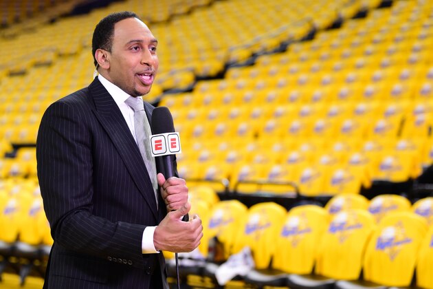 OAKLAND, CA - MAY 8:  NBA Analyst Stephen A. Smith makes an anouncment before Game Five of the Western Conference Semifinals of the 2019 NBA Playoffs between the Houston Rockets and Golden State Warriors on May 8, 2019 at ORACLE Arena in Oakland, California. NOTE TO USER: User expressly acknowledges and agrees that, by downloading and/or using this photograph, user is consenting to the terms and conditions of Getty Images License Agreement. Mandatory Copyright Notice: Copyright 2019 NBAE (Photo by Noah Graham/NBAE via Getty Images)