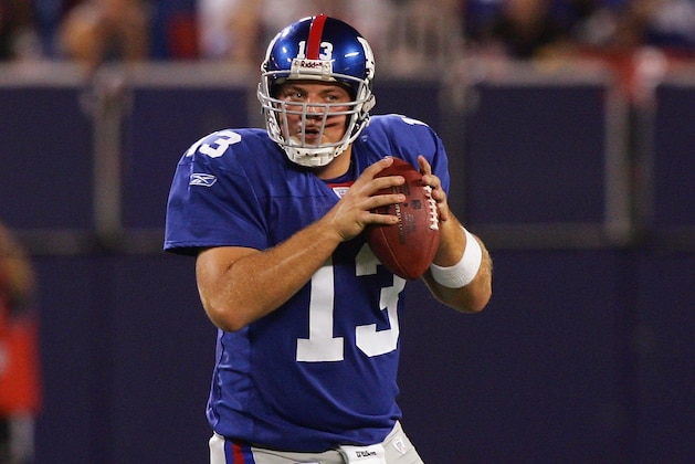 EAST RUTHERFORD, NJ - AUGUST 11: Jared Lorenzen #13 of the New York Giants looks to pass against the Carolina Panthers on August 11, 2007 at Giants Stadium in East Rutherford, New Jersey. (Photo by Jim McIsaac/Getty Images)