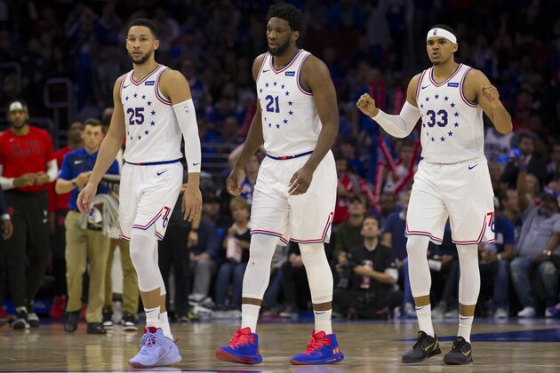 PHILADELPHIA, PA - MAY 05: Ben Simmons #25, Joel Embiid #21, and Tobias Harris #33 of the Philadelphia 76ers react against the Toronto Raptors in Game Four of the Eastern Conference Semifinals at the Wells Fargo Center on May 5, 2019 in Philadelphia, Pennsylvania. The Raptors defeated the 76ers 101-96. NOTE TO USER: User expressly acknowledges and agrees that, by downloading and or using this photograph, User is consenting to the terms and conditions of the Getty Images License Agreement. (Photo by Mitchell Leff/Getty Images)