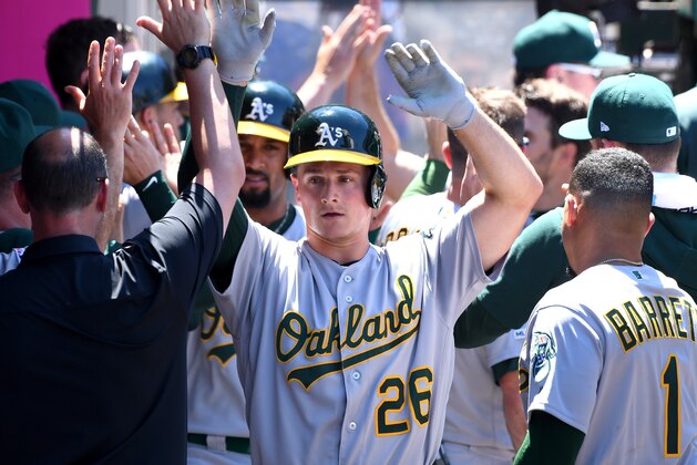 ANAHEIM, CA - JUNE 30: Matt Chapman #26 of the Oakland Athletics is congratulated in the dugout after hitting a two run home run in the fifth inning of the game against the Los Angeles Angels at Angel Stadium of Anaheim on June 30, 2019 in Anaheim, California. (Photo by Jayne Kamin-Oncea/Getty Images)
