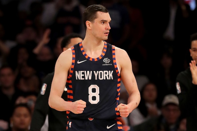 NEW YORK, NEW YORK - APRIL 07:   Mario Hezonja #8 of the New York Knicks celebrates in the final minutes of the game against the Washington Wizards at Madison Square Garden on April 07, 2019 in New York City. The New York Knicks defeated the Washington Wizards 113-110.NOTE TO USER: User expressly acknowledges and agrees that, by downloading and or using this photograph, User is consenting to the terms and conditions of the Getty Images License Agreement. (Photo by Elsa/Getty Images)