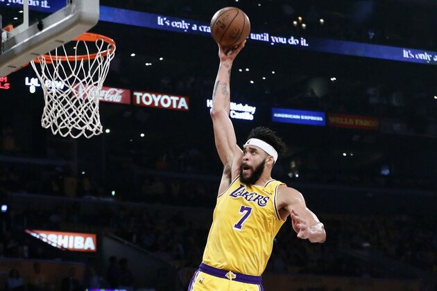 LOS ANGELES, CA - APRIL 4: JaVale McGee (7) of the Los Angeles Lakers goes for the dunk during a game against the Golden State Warriors on April 4, 2019 at STAPLES Center in Los Angeles, California. NOTE TO USER: User expressly acknowledges and agrees that, by downloading and/or using this Photograph, user is consenting to the terms and conditions of the Getty Images License Agreement. Mandatory Copyright Notice: Copyright 2019 NBAE (Photo by Chris Elise/NBAE via Getty Images)