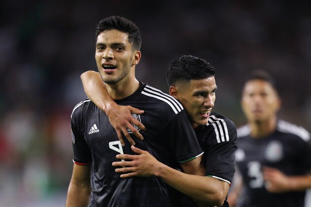 HOUSTON, TX - JUNE 29: Raul Jimenez #9 and Uriel Antuna #22 of Mexico celebrate their team's 1st goal during a quarterfinal match between Mexico and Costa Rica as part of 2019 CONCACAF Gold Cup at NRG Stadium on June 29, 2019 in Houston, Texas. (Photo by Omar Vega/Getty Images)