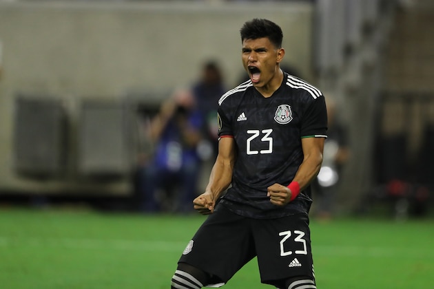 HOUSTON, TX - JUNE 29: Jesus Gallardo of Mexico celebrates after scoring a penalty during the 2019 CONCACAF Gold Cup Quarter Final match between Mexico v Costa Rica at NRG Stadium on June 29, 2019 in Houston, Texas. (Photo by Matthew Ashton - AMA/Getty Images)
