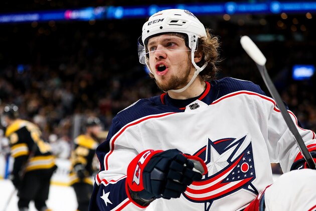 BOSTON, MA - APRIL 27:   Artemi Panarin #9 of the Columbus Blue Jackets reacts after scoring in the second period in Game Two of the Eastern Conference Second Round against the Boston Bruins during the 2019 NHL Stanley Cup Playoffs at TD Garden on April 27, 2019 in Boston, Massachusetts. (Photo by Adam Glanzman/Getty Images)