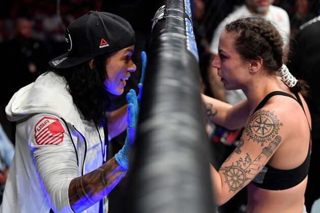 CHICAGO, IL - JUNE 08:  (L-R) Amanda Nunes gives advice to her girlfriend Nina Ansaroff between rounds of her women's strawweight bout against Tatiana Suarez during the UFC 238 event at the United Center on June 8, 2019 in Chicago, Illinois. (Photo by Jeff Bottari/Zuffa LLC/Zuffa LLC via Getty Images)