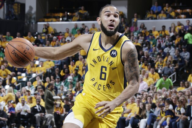 INDIANAPOLIS, IN - APRIL 21: Cory Joseph #6 of the Indiana Pacers drives to the basket against the Boston Celtics during Game Four  of Round One of the 2019 NBA Playoffs on April 21, 2019 at Bankers Life Fieldhouse in Indianapolis, Indiana. NOTE TO USER: User expressly acknowledges and agrees that, by downloading and or using this photograph, User is consenting to the terms and conditions of the Getty Images License Agreement. Mandatory Copyright Notice: Copyright 2019 NBAE (Photo by Ron Hoskins/NBAE via Getty Images)