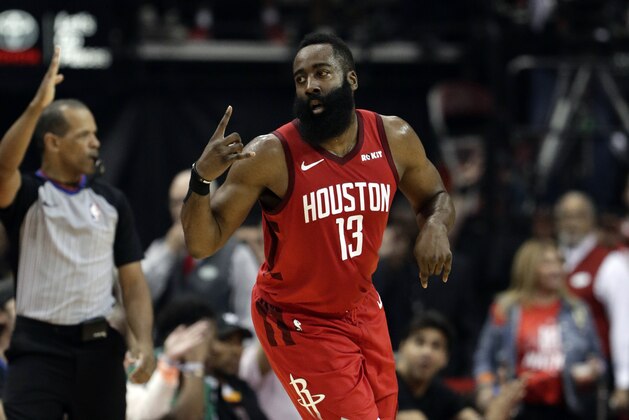 Houston Rockets' James Harden (13) celebrates a basket against the Golden State Warriors during the first half in Game 6 of a second-round NBA basketball playoff series, Friday, May 10, 2019, in Houston. (AP Photo/Eric Gay)