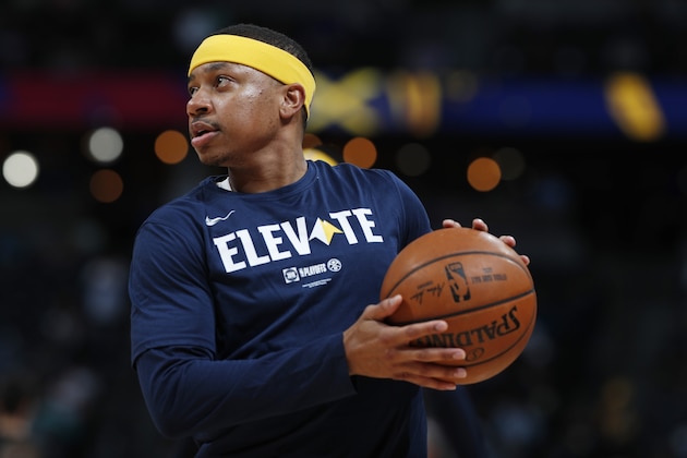 Denver Nuggets guard Isaiah Thomas (0) in the first half of Game 1 of an NBA basketball second-round playoff series Monday, April 29, 2019, in Denver. (AP Photo/David Zalubowski)