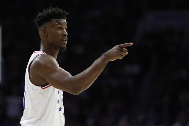 Philadelphia 76ers' Jimmy Butler reacts during the second half of Game 6 of a second-round NBA basketball playoff series against the Toronto Raptors, Thursday, May 9, 2019, in Philadelphia. 76ers won 112-101. (AP Photo/Chris Szagola)