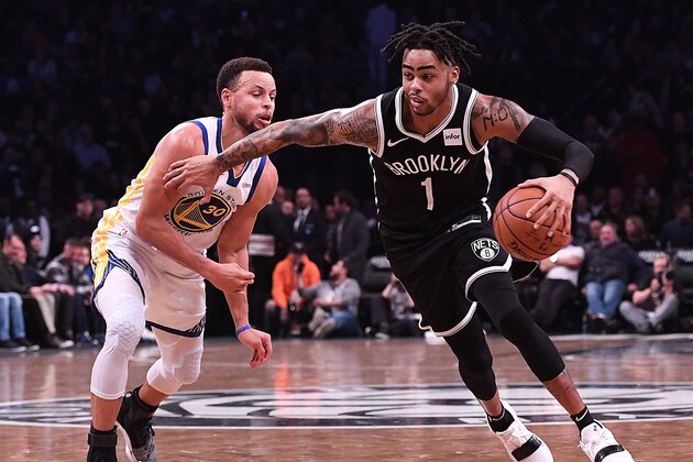 NEW YORK, NY - OCTOBER 28: D'Angelo Russell #1 of the Brooklyn Nets drives to the basket against Stephen Curry #30 of the Golden State Warriors during the game at Barclays Center on October 28, 2018 in the Brooklyn borough of New York City. NOTE TO USER: User expressly acknowledges and agrees that, by downloading and or using this photograph, User is consenting to the terms and conditions of the Getty Images License Agreement. (Photo by Matteo Marchi/Getty Images)