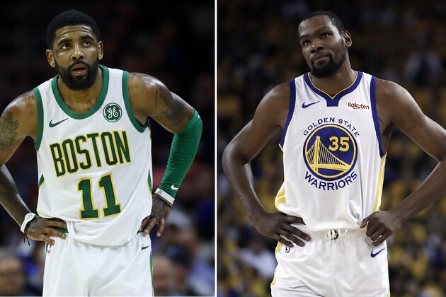 FILE - At left, in a March 20, 2019, file photo, Boston Celtics' Kyrie Irving is shown during an NBA basketball game against the Philadelphia 76ers in Philadelphia. At right, in a May 8, 2019, file photo,  Golden State Warriors' Kevin Durant is shown during the first half of Game 5 of the team's second-round NBA basketball playoff series against the Houston Rockets in Oakland, Calif. Just three seasons ago, the Brooklyn Nets were the worst team in the NBA. On Sunday, June 30, they were the story of the league. They agreed to deals with superstars Kevin Durant and Kyrie Irving as part of a sensational start to free agency, giving the longtime No. 2 team in New York top billing in the Big Apple. (AP Photo/File)