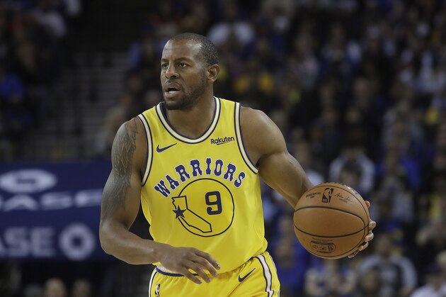 Golden State Warriors guard Andre Iguodala (9) against the Denver Nuggets during an NBA basketball game in Oakland, Calif., Tuesday, April 2, 2019. (AP Photo/Jeff Chiu)