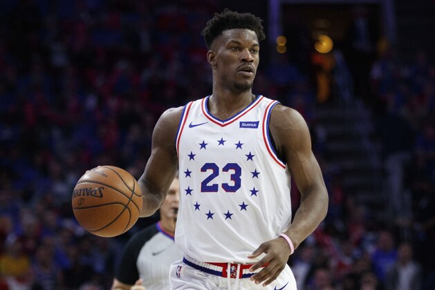 Philadelphia 76ers' Jimmy Butler in action during the second half of Game 3 of a second-round NBA basketball playoff series against the Toronto Raptors, Thursday, May 2, 2019, in Philadelphia. 76ers won 116-95. (AP Photo/Chris Szagola)