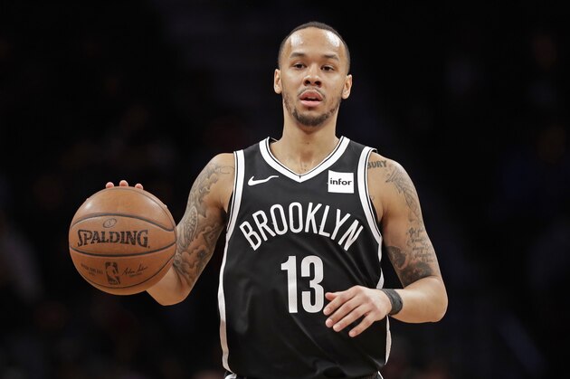 Brooklyn Nets guard Shabazz Napier (13) during the second half of an NBA basketball game, Monday, Feb. 25, 2019, in New York. The Nets defeated the Spurs 101-85. (AP Photo/Kathy Willens)