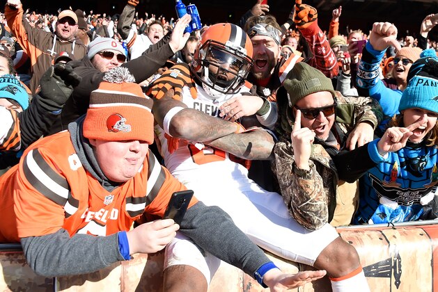 CLEVELAND, OH - DECEMBER 09:  Jarvis Landry #80 of the Cleveland Browns celebrates his touchdown with fans during the second quarter against the Carolina Panthers during the second quarter at FirstEnergy Stadium on December 9, 2018 in Cleveland, Ohio. (Photo by Jason Miller/Getty Images)
