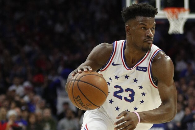 Philadelphia 76ers' Jimmy Butler in action during the first half of Game 6 of a second-round NBA basketball playoff series against the Toronto Raptors, Thursday, May 9, 2019, in Philadelphia. 76ers won 112-101. (AP Photo/Chris Szagola)