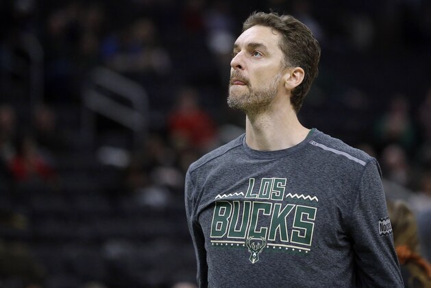 Milwaukee Bucks' Pau Gasol warms up before the second half of an NBA basketball game against the Indiana Pacers Thursday, March 7, 2019, in Milwaukee. (AP Photo/Aaron Gash)