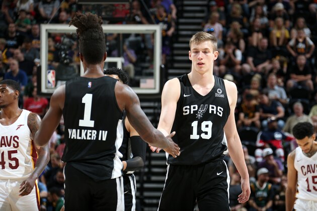 SALT LAKE CITY, UT - JULY 1: Lonnie Walker IV #1 and Luka Samanic #19 of the San Antonio Spurs high five during the game against the Cleveland Cavaliers on July 1, 2019 at vivint.SmartHome Arena in Salt Lake City, Utah. NOTE TO USER: User expressly acknowledges and agrees that, by downloading and/or using this photograph, user is consenting to the terms and conditions of the Getty Images License Agreement. Mandatory Copyright Notice: Copyright 2019 NBAE (Photo by Melissa Majchrzak/NBAE via Getty Images)