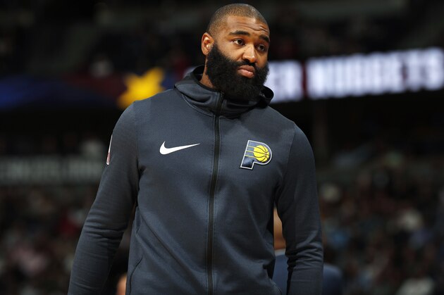 Indiana Pacers center Kyle O'Quinn (10) in the second half of an NBA basketball game Saturday, March 16, 2019, in Denver. The Nuggets won 102-100. (AP Photo/David Zalubowski)