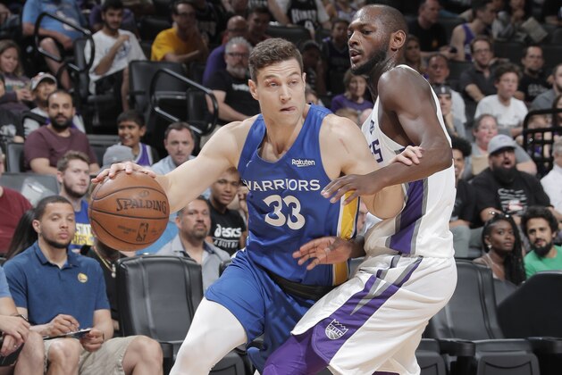 SACRAMENTO, CA - JULY 1:  Jimmer Fredette #33 of Golden State Warriors drives to the basket against the Sacramento Kings on July 1, 2019 at the Golden 1 Center, in Phoenix, Arizona. NOTE TO USER: User expressly acknowledges and agrees that, by downloading and or using this photograph, User is consenting to the terms and conditions of the Getty Images License Agreement. Mandatory Copyright Notice: Copyright 2019 NBAE  (Photo by Rocky Widner/NBAE via Getty Images)