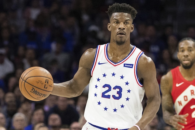 Philadelphia 76ers' Jimmy Butler in action during the first half of Game 4 of a second-round NBA basketball playoff series against the Toronto Raptors, Sunday, May 5, 2019, in Philadelphia. Raptors won 101-96. (AP Photo/Chris Szagola)