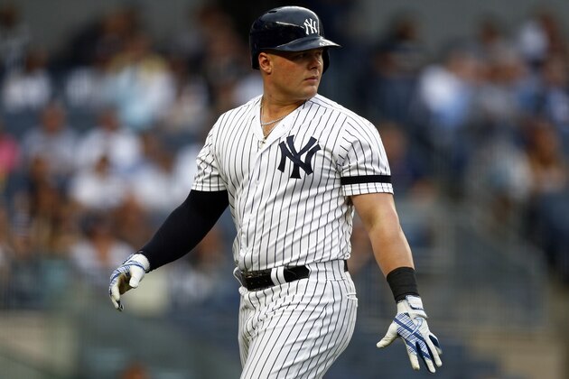 NEW YORK, NY - JUNE 17: Luke Voit #45 of the New York Yankees at bat against the Tampa Bay Rays during the first inning at Yankee Stadium on June 17, 2019 in the Bronx borough of New York City. (Photo by Adam Hunger/Getty Images)