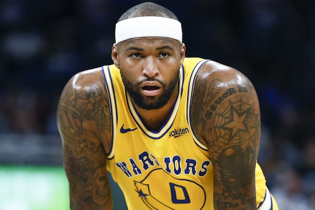 Golden State Warriors center DeMarcus Cousins waits on the ball to come into play during the first quarter of an NBA basketball game against the Orlando Magic in Orlando, Fla., on Thursday, Feb. 28, 2019. (AP Photo/Reinhold Matay)