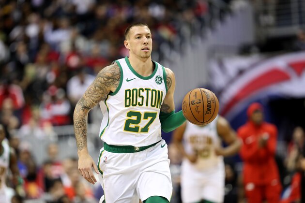 WASHINGTON, DC - APRIL 09: Daniel Theis #27 of the Boston Celtics dribbles the ball against the Washington Wizards in the second half at Capital One Arena on April 09, 2019 in Washington, DC. NOTE TO USER: User expressly acknowledges and agrees that, by downloading and or using this photograph, User is consenting to the terms and conditions of the Getty Images License Agreement. (Photo by Rob Carr/Getty Images)