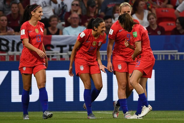 United States' forward Christen Press (C) celebrates after scoring a goal during the France 2019 Women's World Cup semi-final football match between England and USA, on July 2, 2019, at the Lyon Satdium in Decines-Charpieu, central-eastern France. (Photo by FRANCK FIFE / AFP)        (Photo credit should read FRANCK FIFE/AFP/Getty Images)
