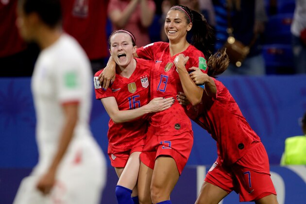 LYON, FRANCE - JULY 2: (L-R) Rose Lavelle of USA Women, Alex Morgan of USA Women celebrate 1-2 during the  World Cup Women  match between England  v USA  at the Stade de Lyon on July 2, 2019 in Lyon France (Photo by Eric Verhoeven/Soccrates/Getty Images)