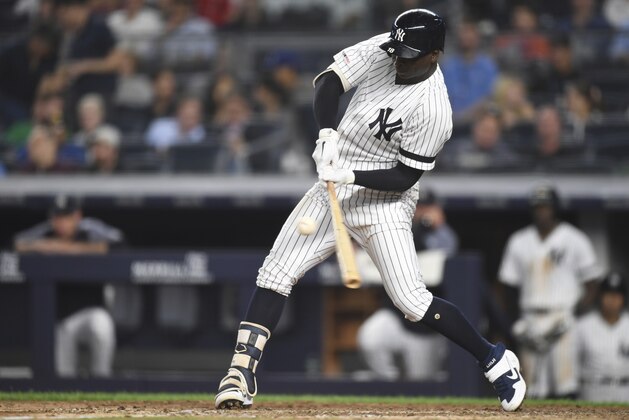New York Yankees' Didi Gregorius follows through on a swing before grounding out during the seventh inning of a baseball game against the Tampa Bay Rays, Monday, June 17, 2019, in New York. (AP Photo/Sarah Stier)
