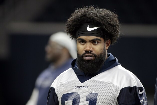 Dallas Cowboys running back Ezekiel Elliott (21) walks off the field after NFL football practice in Frisco, Texas, Wednesday, May. 22, 2019. (AP Photo/Michael Ainsworth)