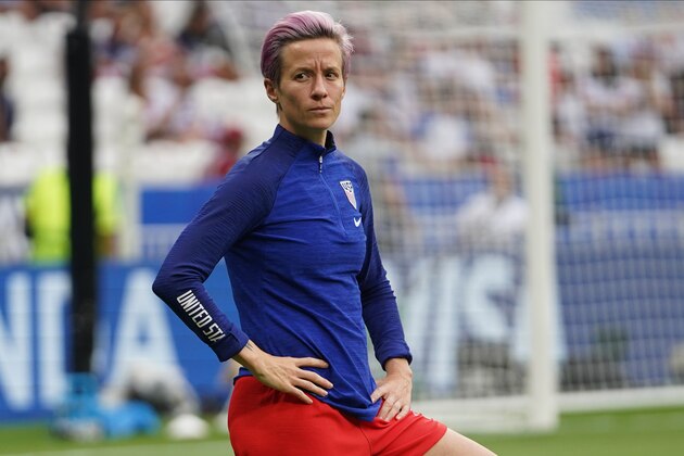 LYON, FRANCE - JULY 02: Megan Rapinoe of USA looks on prior the 2019 FIFA Women's World Cup France Semi Final match between England and USA at Stade de Lyon on July 2, 2019 in Lyon, France. (Photo by Daniela Porcelli/Getty Images)