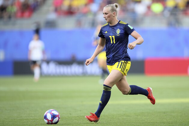 Sweden's Stina Blackstenius during the of the Women's World Cup quarterfinal soccer match between Germany and Sweden at Roazhon Park in Rennes, France, Saturday, June 29, 2019. (AP Photo/David Vincent)