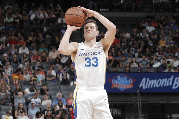 SACRAMENTO, CA - JULY 2: Jimmer Fredette #33 of the Golden State Warriors shoots three point basket against the Los Angeles Lakers on July 2, 2019 at Golden 1 Center in Sacramento, California. NOTE TO USER: User expressly acknowledges and agrees that, by downloading and or using this Photograph, user is consenting to the terms and conditions of the Getty Images License Agreement. Mandatory Copyright Notice: Copyright 2019 NBAE (Photo by Rocky Widner/NBAE via Getty Images)