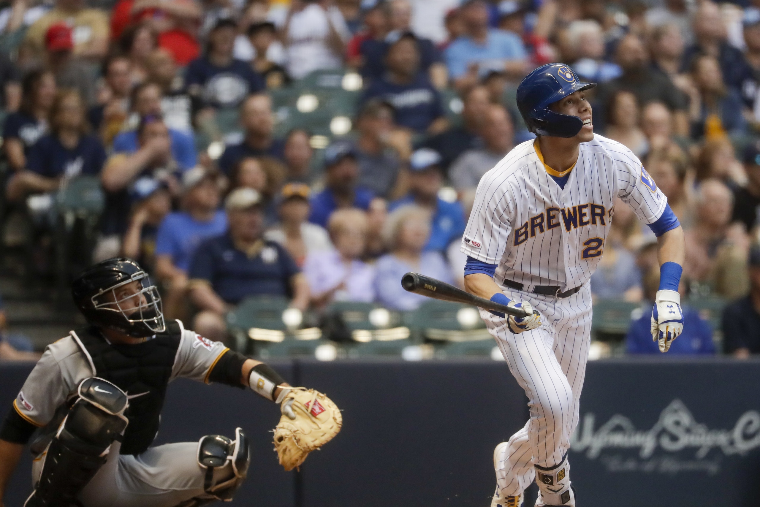 Milwaukee Brewers' Christian Yelich hits during the third inning of a baseball game against the Pittsburgh Pirates Friday, June 28, 2019, in Milwaukee. (AP Photo/Morry Gash)